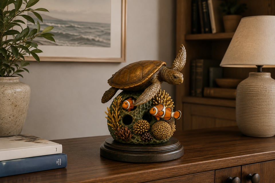 Bronze sea turtle sculpture resting on a coral reef base