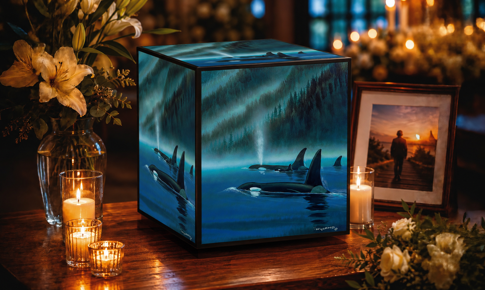 Lifescape Urn five-sided video screen displaying Wyland orcas, set over an urn on a wooden table among candles and flowers