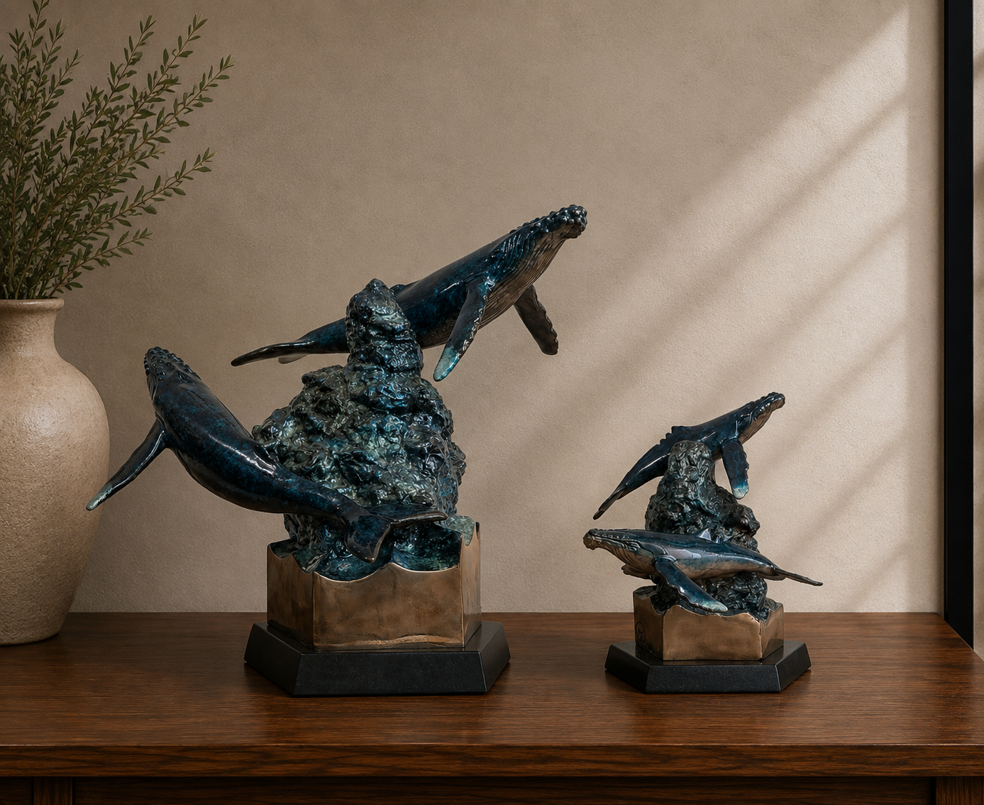 Majestic — Wyland bronze humpback whale memorial sculpture urns in two sizes
