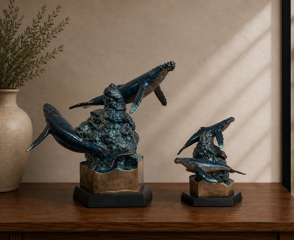 Majestic — Wyland bronze humpback whale memorial sculpture urns in two sizes