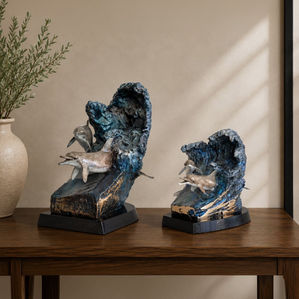 Serenade bronze dolphin sculptures, full-size and keepsake, on a wooden table