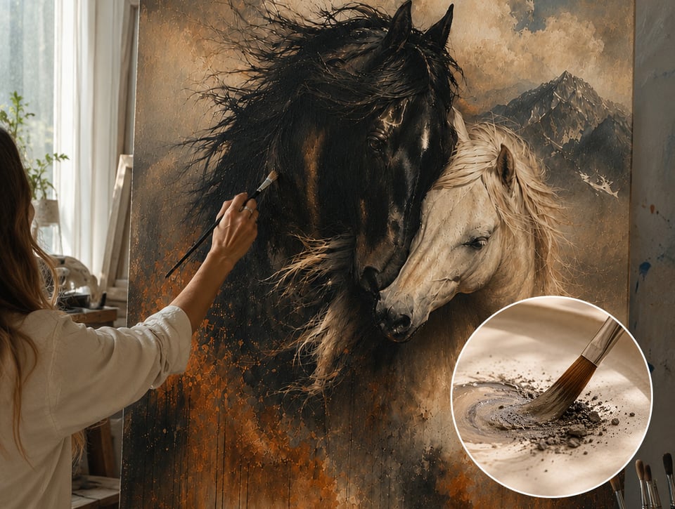 Tamara hand-embellishing a memorial painting, with cremated remains being blended into paint