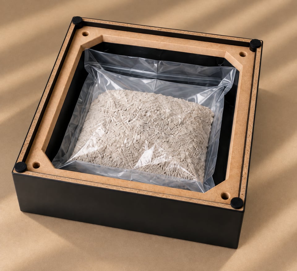 Securely closed bag of cremated remains positioned completely inside the Memorial Riser chamber