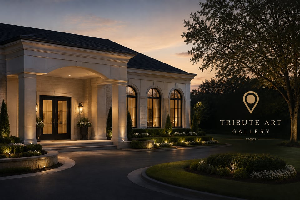 An elegant Tribute Art Gallery exterior at dusk with landscaped grounds and warm architectural lighting