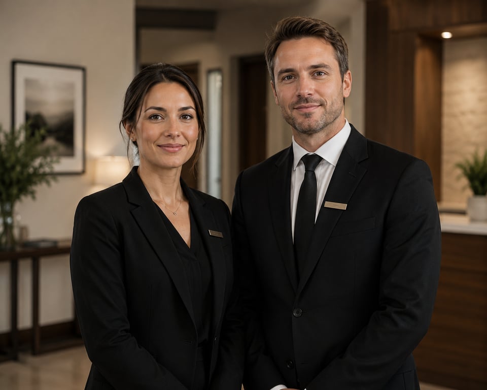 Two professional funeral service Trusted Agents standing together in a welcoming setting