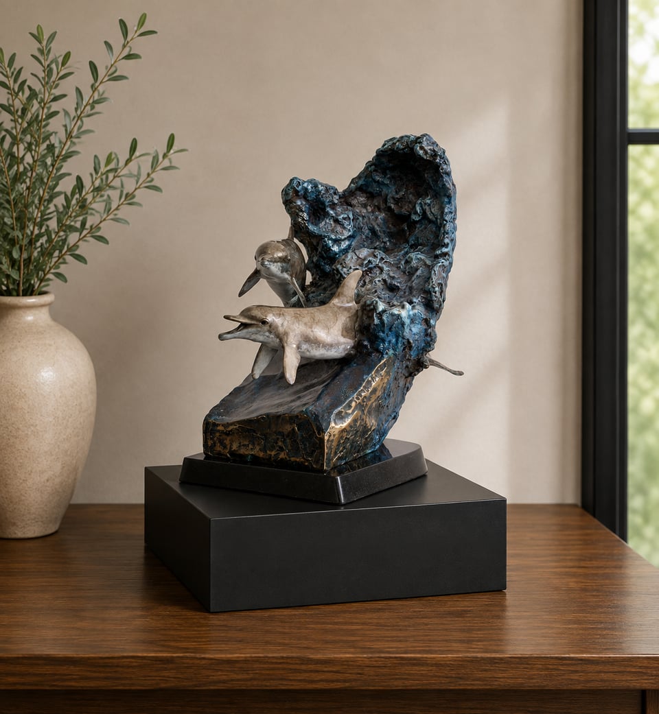 Serenade Companion Urn — Wyland bronze dolphin urn on a black Memorial Riser