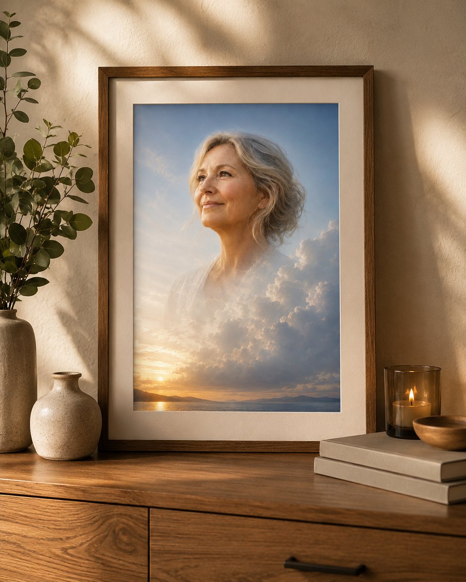 Framed custom memorial portrait of a woman looking toward a sunset sky, displayed on a wooden sideboard beside a candle and eucalyptus