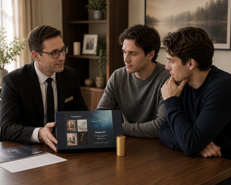A funeral director presenting the FamilyShare offering to two family members