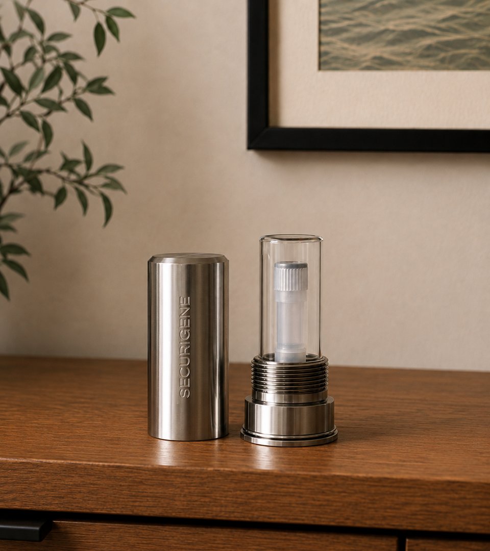 Securigene stainless steel post-mortem DNA banking capsule standing open beside its engraved casing on a walnut sideboard