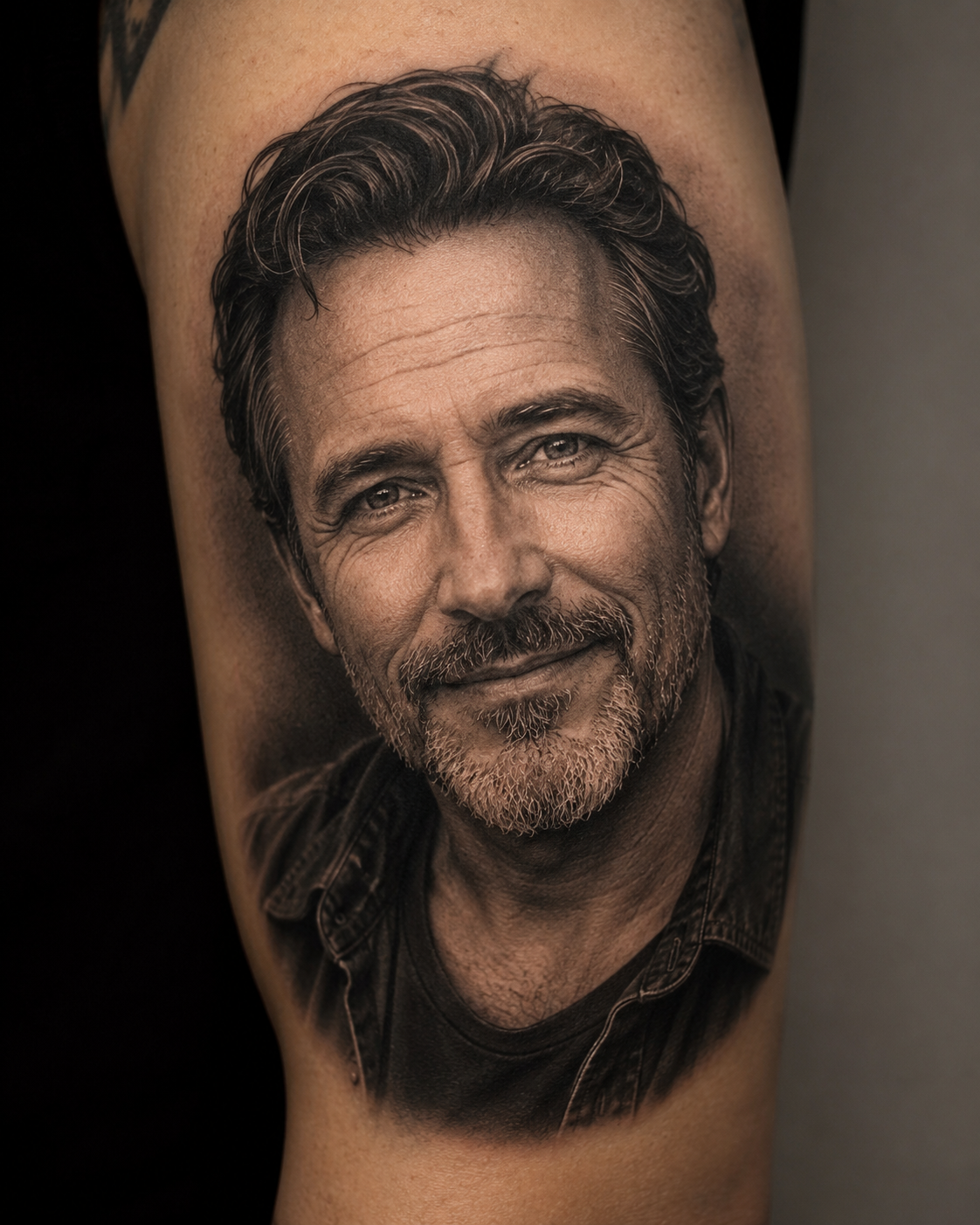 Detailed black-and-gray memorial portrait tattoo on skin, photorealistic rendering of a loved one's face