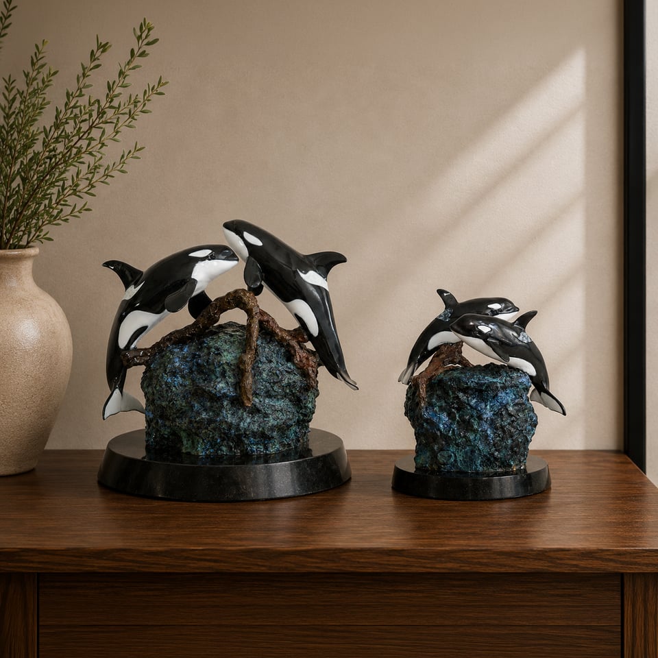 Devotion bronze orca sculptures, full-size and keepsake, on a wooden table