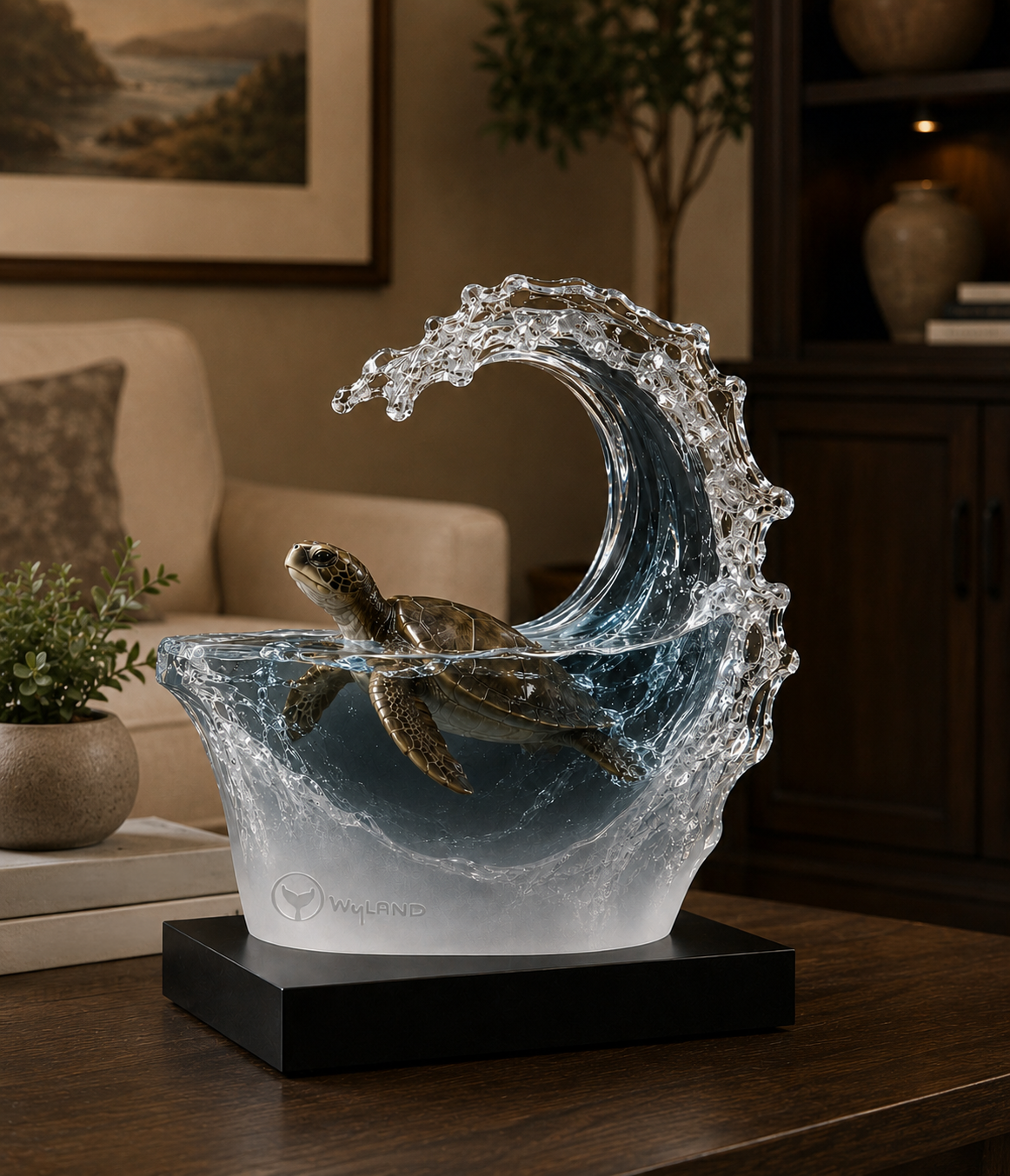 A translucent Wyland lucite wave sculpture with a bronze sea turtle swimming inside