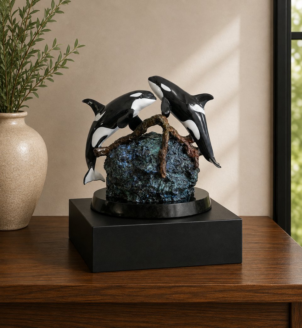 Orca Companion Urn — Wyland bronze orca urn on a black Memorial Riser