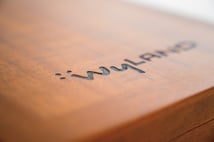 Close-up of the Wyland signature engraved into the koa wood case