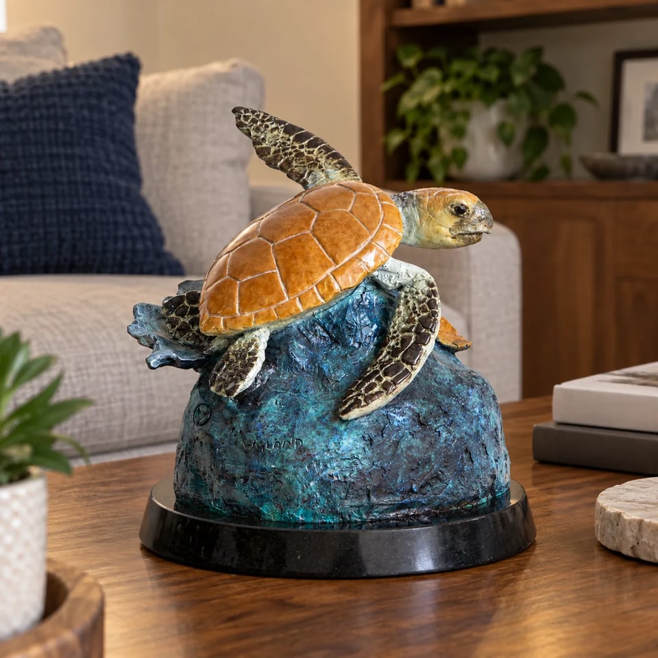 Finished sea turtle Bronze Memorial Sculpture displayed in the home
