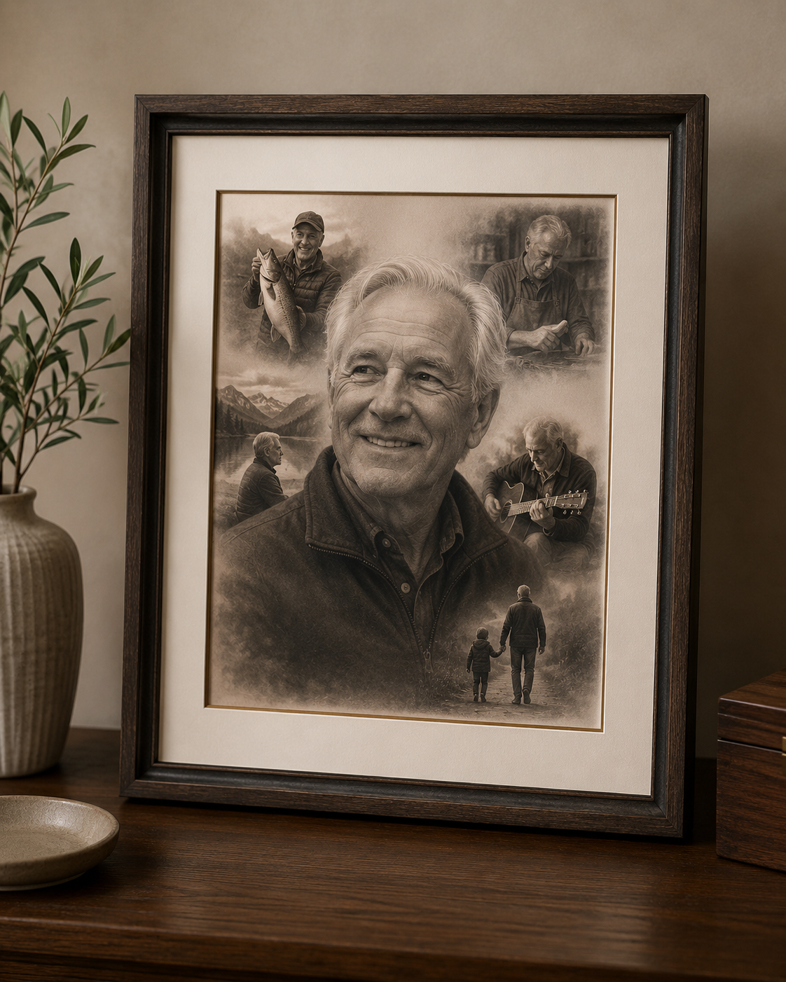 A framed memorial portrait collage celebrating a life through fishing, woodworking, music, family, and nature