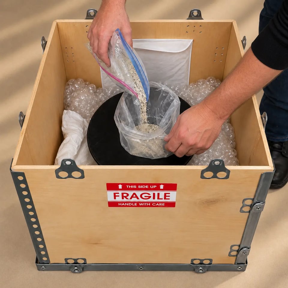 Cremated remains being transferred into the bag inside the memorial compartment
