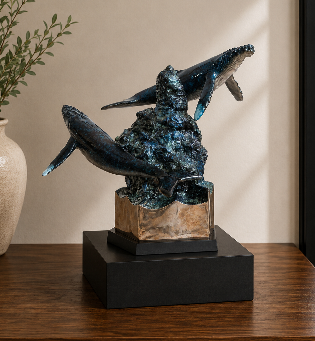 Majestic Companion Urn — Wyland bronze humpback whale urn on a black Memorial Riser