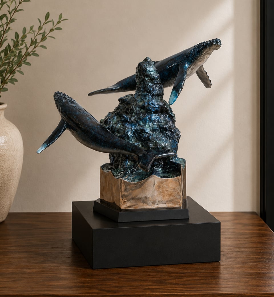 Majestic Companion Urn — Wyland bronze humpback whale urn on a black Memorial Riser