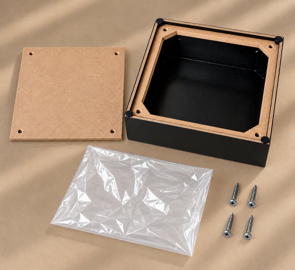 Memorial Riser with the bottom panel removed, showing the empty chamber, clear bag, panel, and four screws