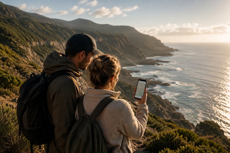 My Footsteps — a couple pausing on a coastal trail to revisit a life map on their phone