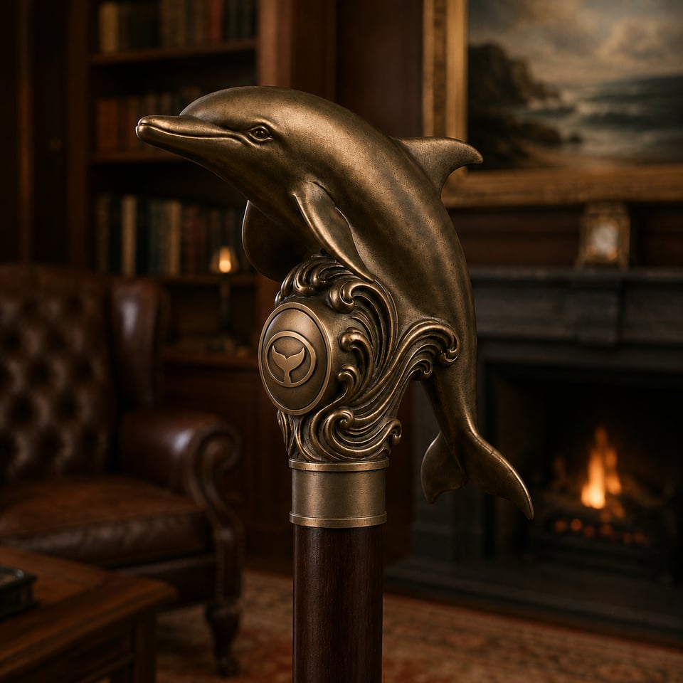 Bronze memorial cane handle sculpted as a dolphin leaping over a wave