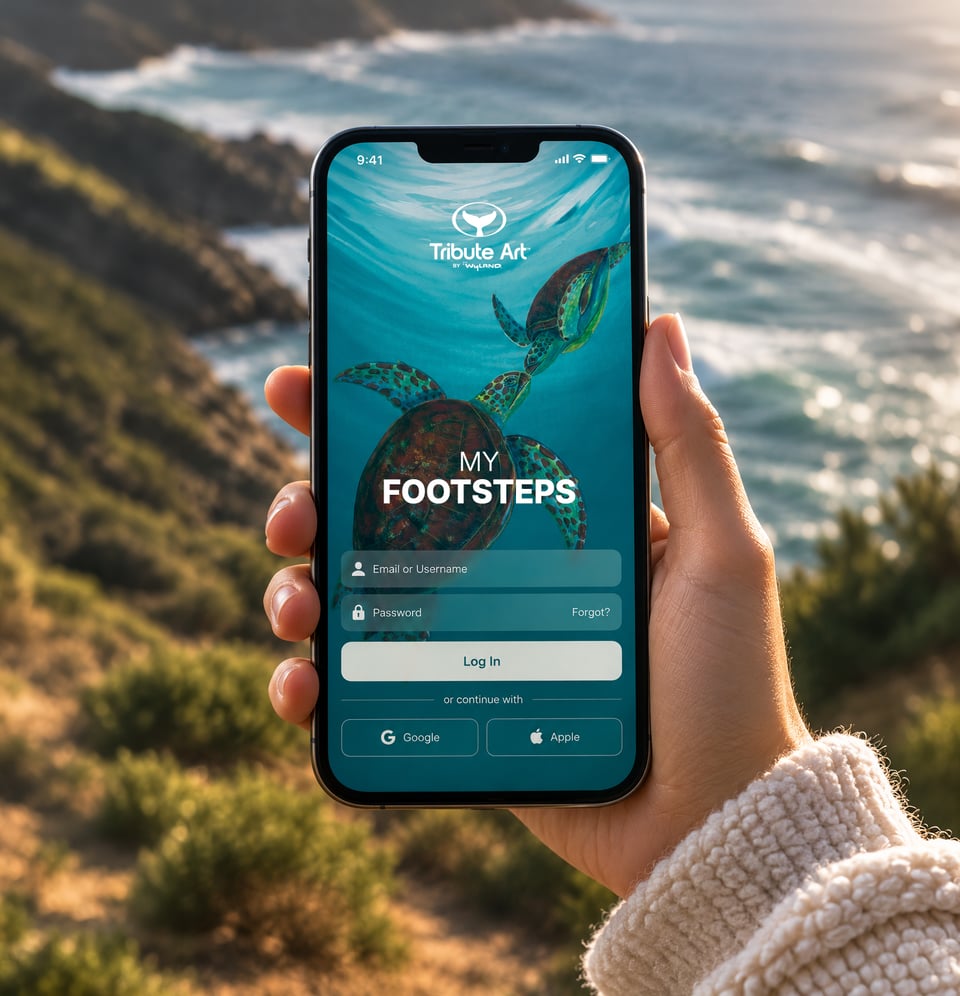 My Footsteps app shown on a phone, displaying a coastal trail and legacy map