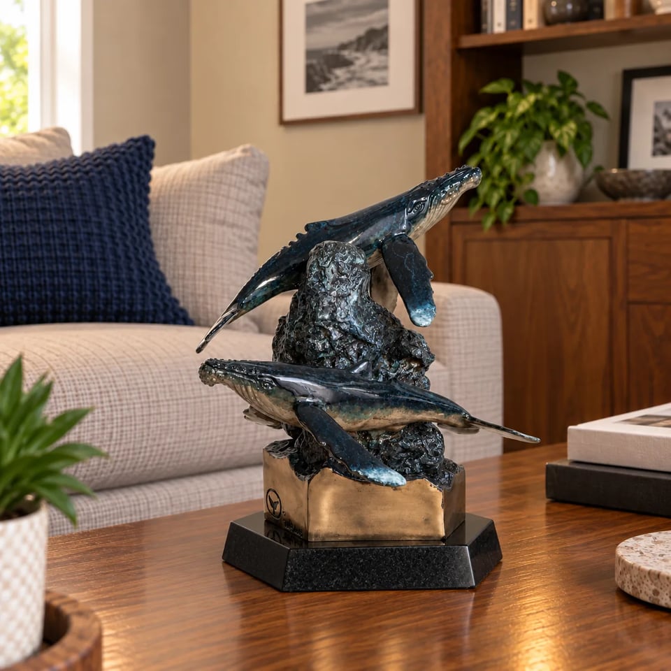 Finished humpback whale Bronze Memorial Sculpture displayed in the home