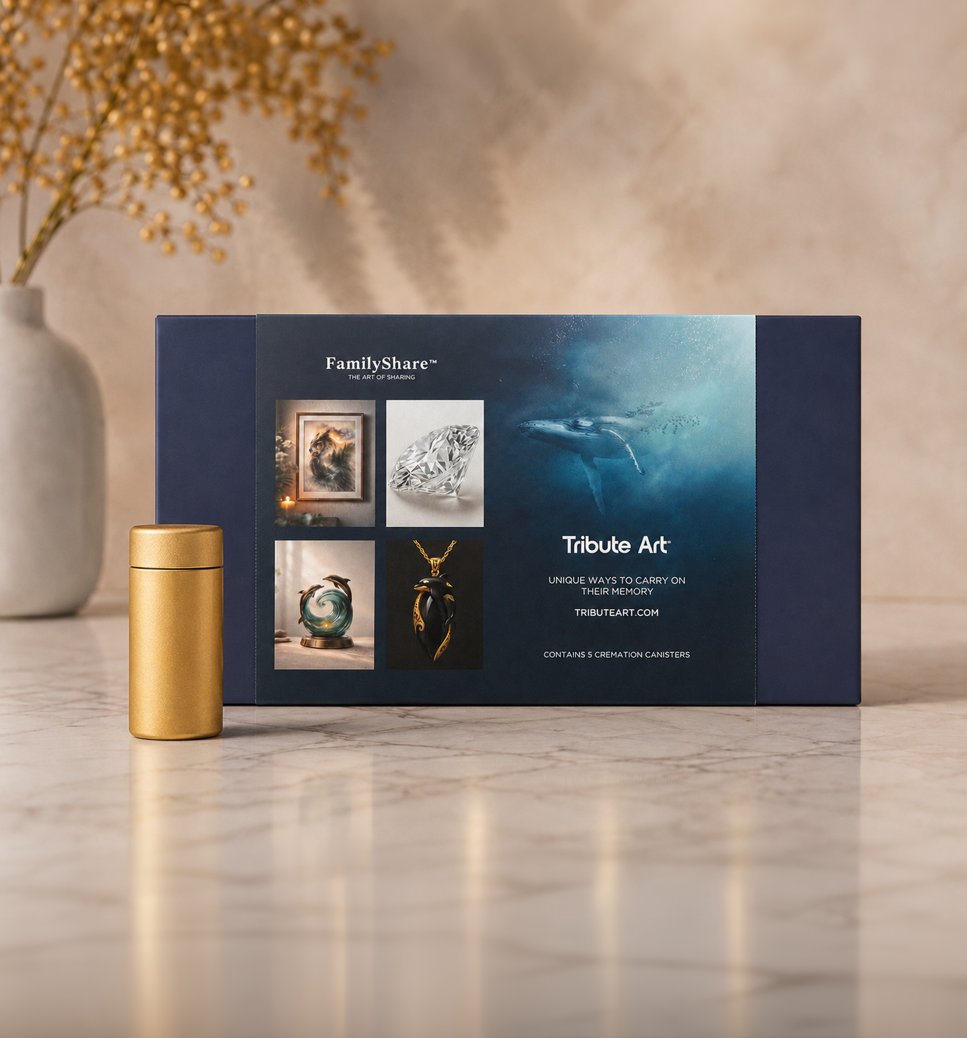 FamilyShare presentation box with five gold cremation canisters, cover displaying Tribute Art memorial products