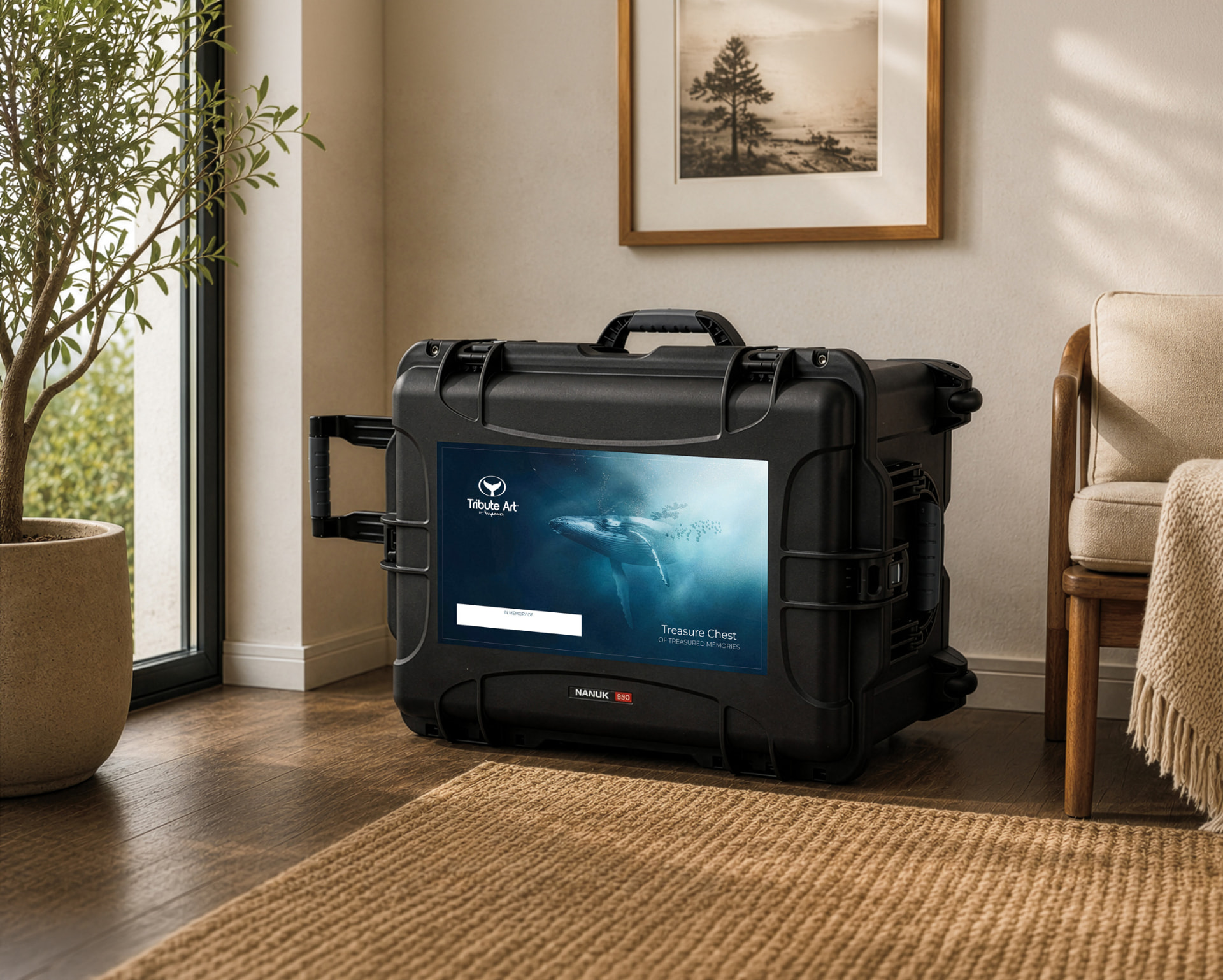 Tribute Art branded Treasure Chest with a humpback whale panel, standing in a warm living room