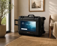 Tribute Art branded Treasure Chest with a humpback whale panel, standing in a warm living room