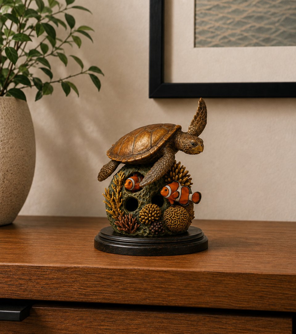 Miniature bronze sea turtle essence sculpture on a coral reef form