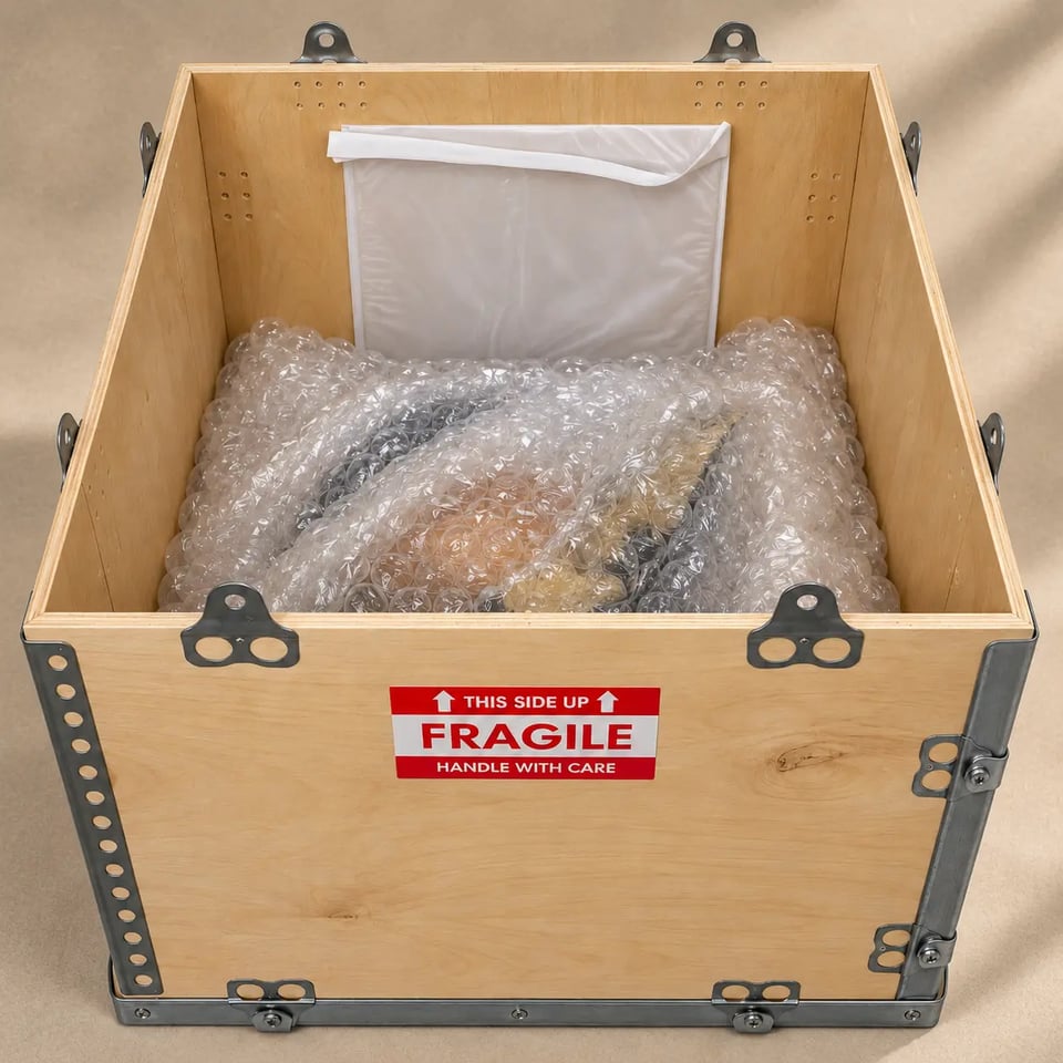 Bronze sculpture protected inside the open shipping crate