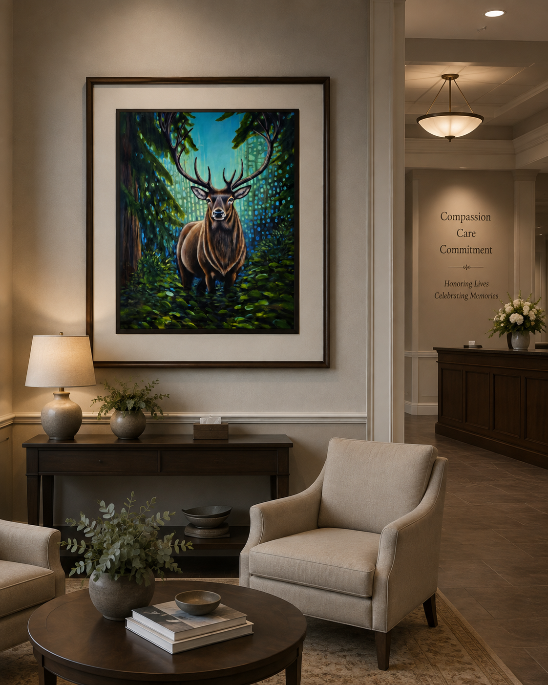 A framed Woodland Series elk painting displayed in an elegant funeral home lounge