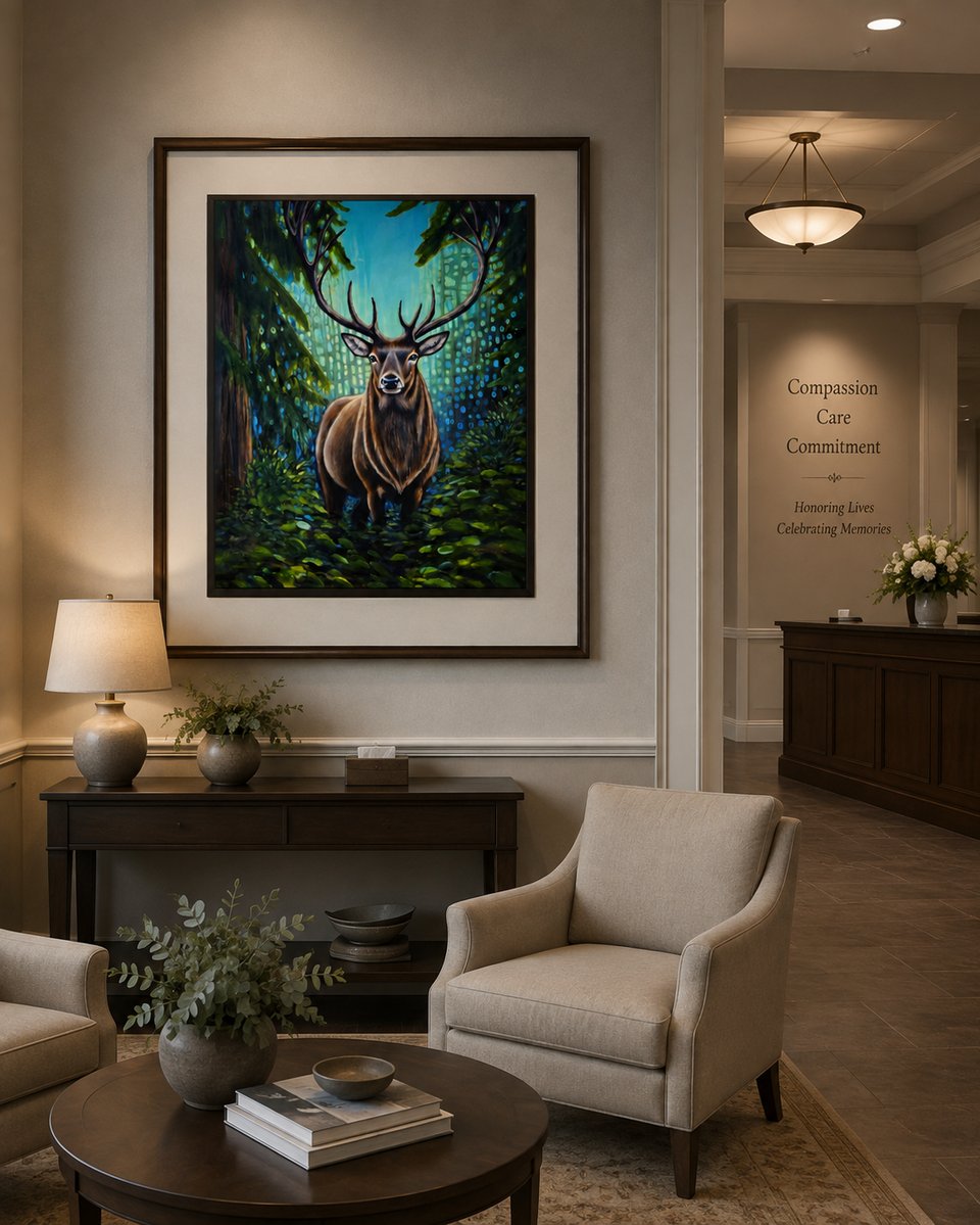 A framed Woodland Series elk painting displayed in an elegant funeral home lounge