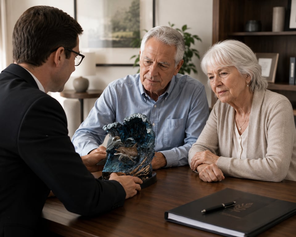 A funeral director presenting a bronze memorial sculpture to an older couple
