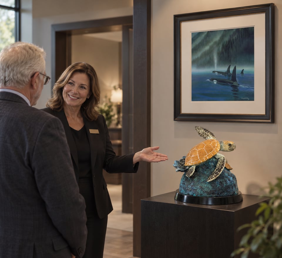 A funeral professional presenting a Tribute Art gallery display with bronze sculpture and framed artwork