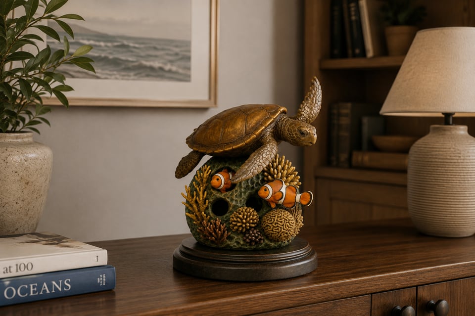 Bronze sea turtle sculpture resting on a coral form — the Living Reef Tribute
