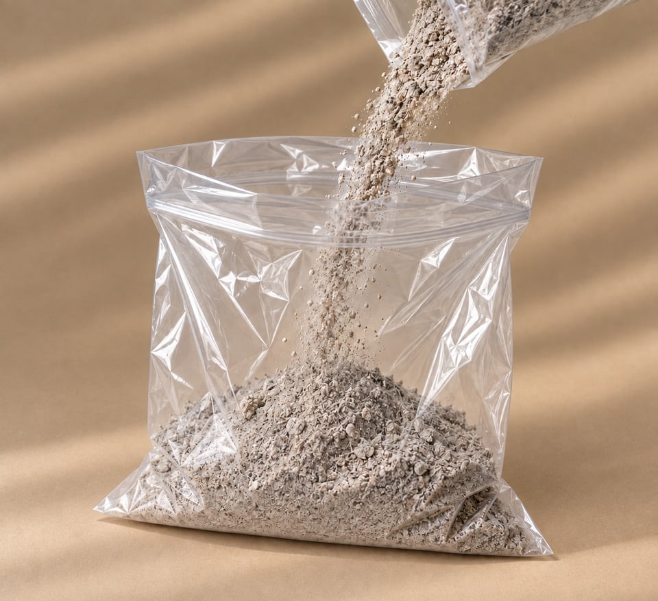 Cremated remains being carefully placed into the provided clear bag