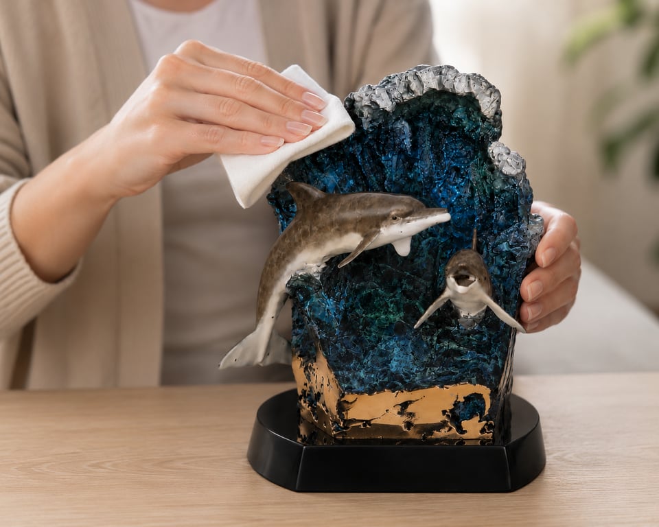 Hands gently wiping a bronze dolphin sculpture with a soft cloth to remove dust