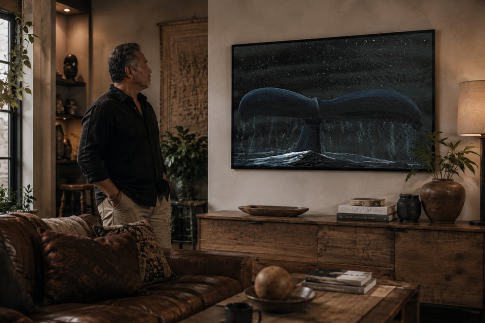 A man at home looking at an embellished whale-tail painting on his living-room wall