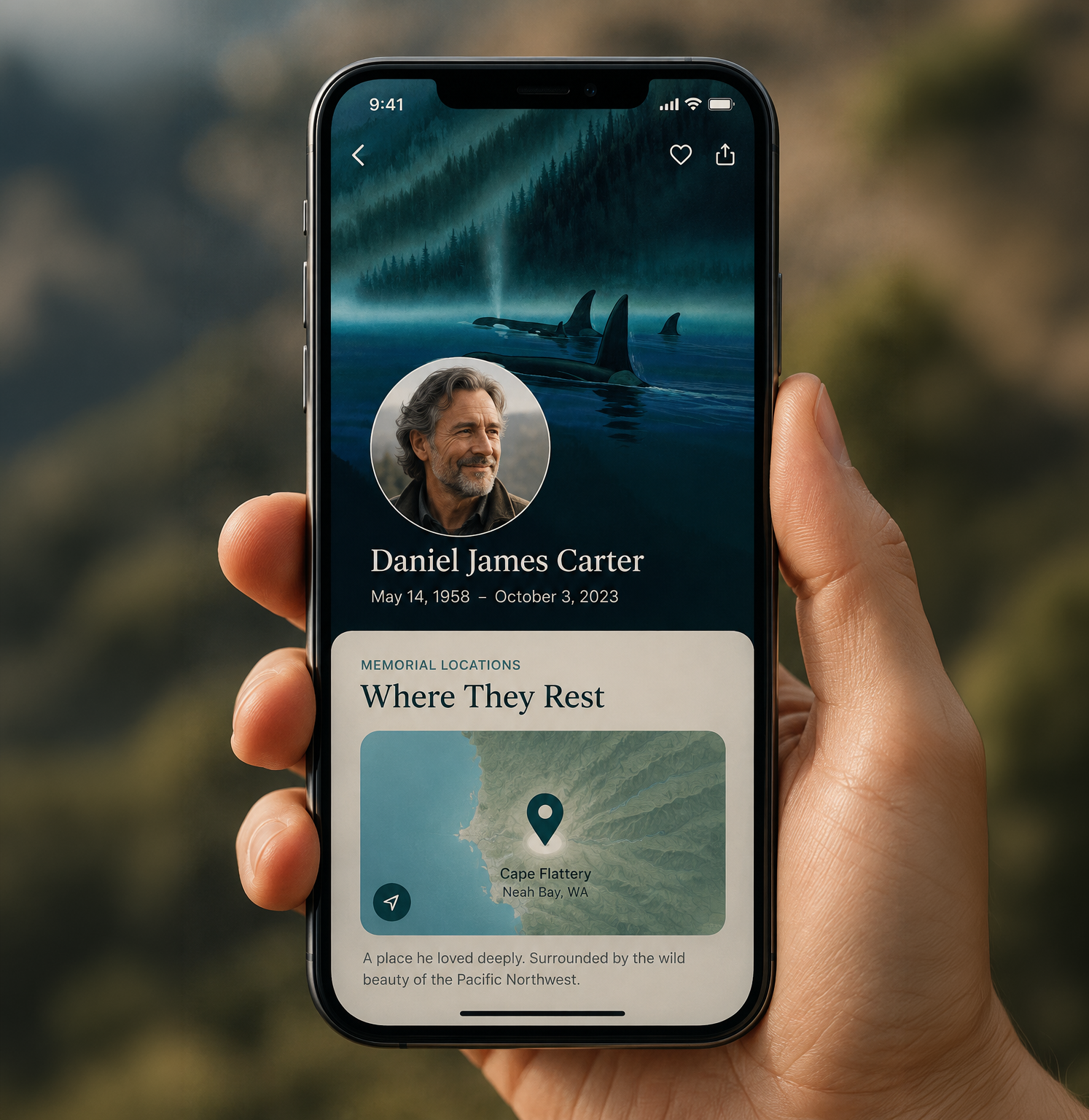 My Final Resting Place memorial app shown on a phone