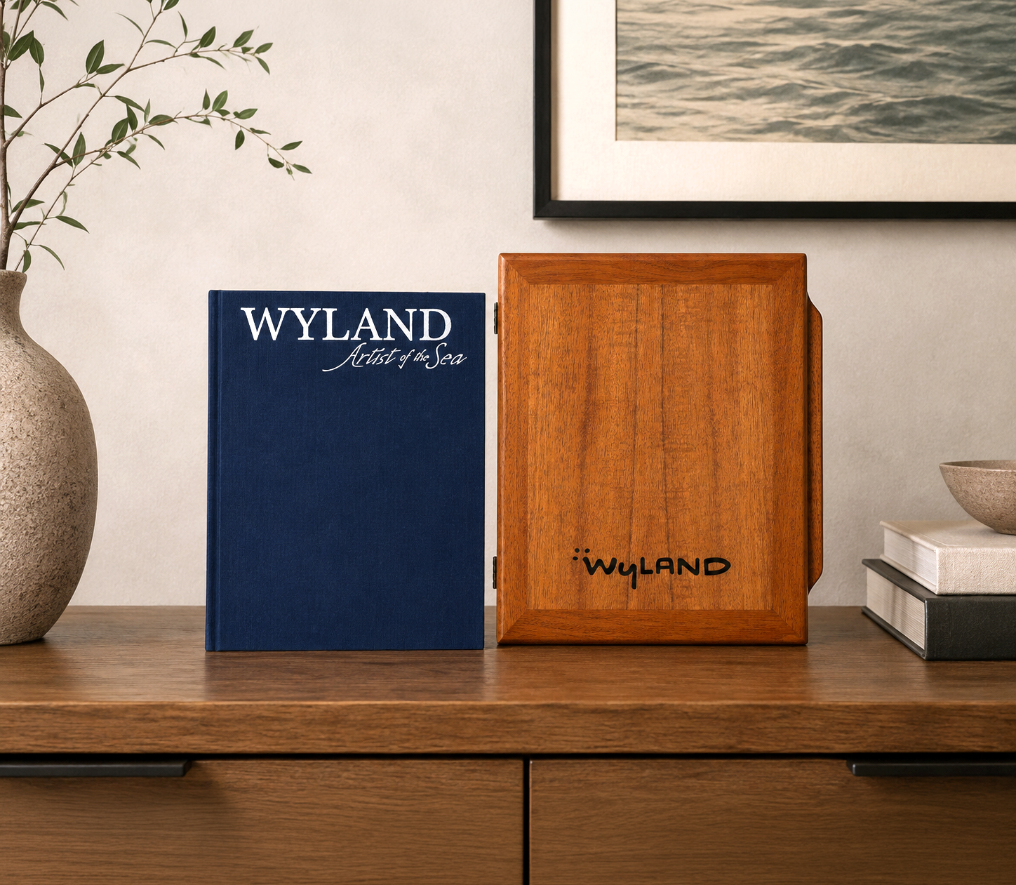 Wyland Artist of the Sea book beside its engraved wooden presentation box
