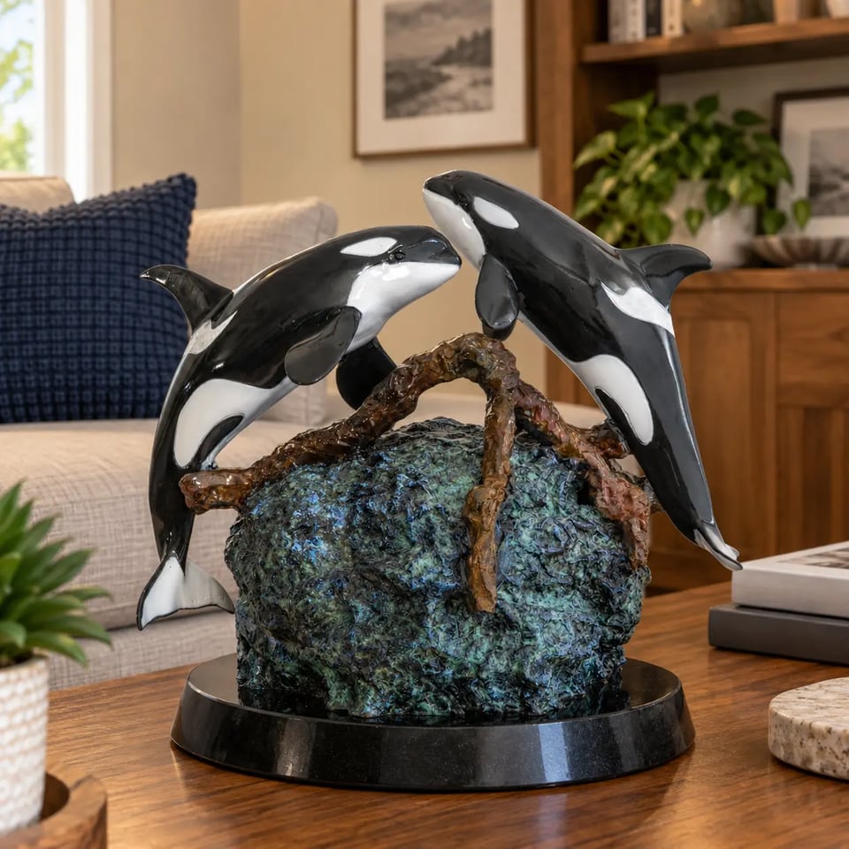 Finished orca Bronze Memorial Sculpture displayed in the home