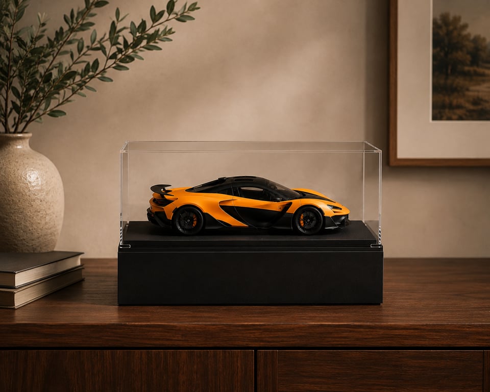 Cased McLaren Amalgam scale model displayed on a matte black Amalgam Collection riser atop a walnut sideboard