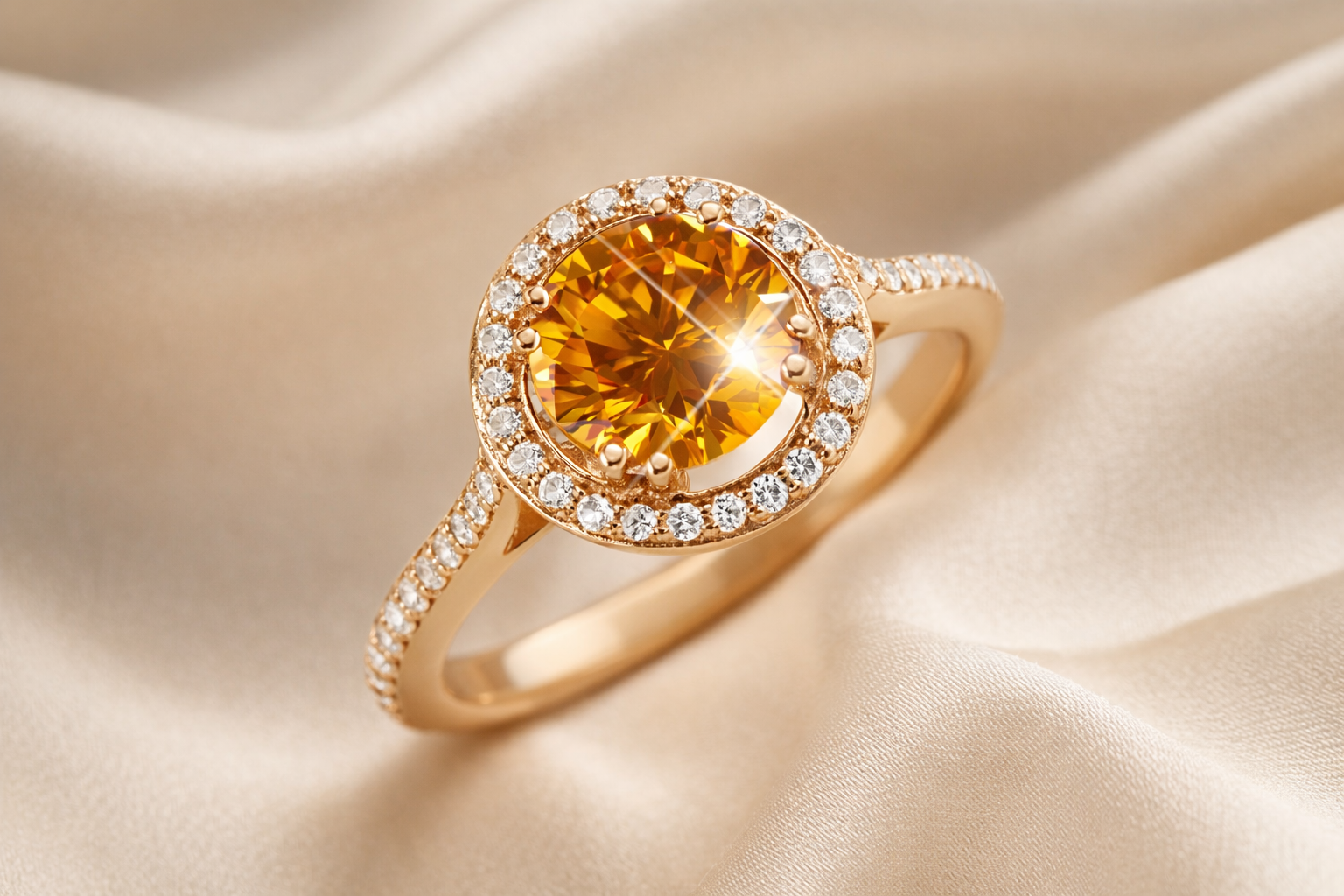 A gold ring with a brilliant orange centre stone surrounded by a halo of diamonds.