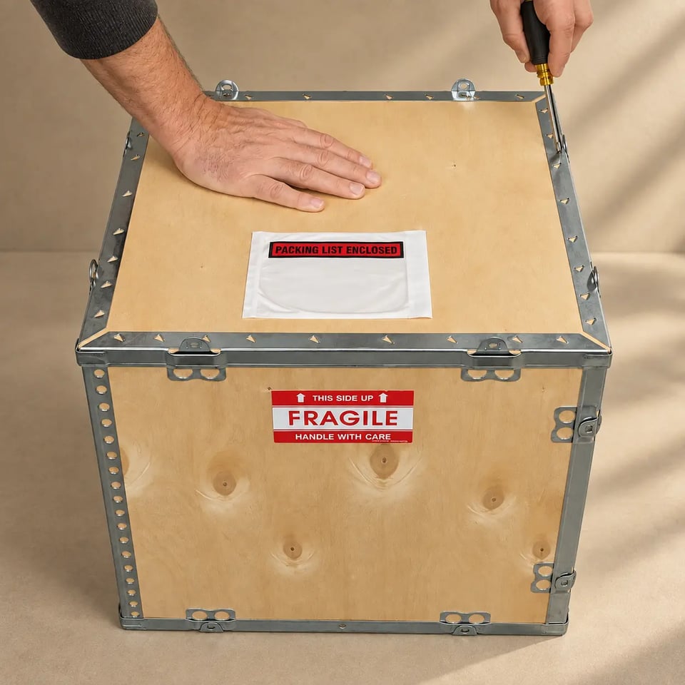 Shipping crate being opened by removing the screws from its top