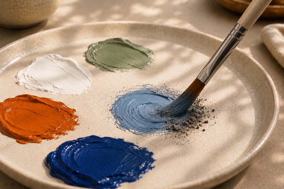 A brush mixing cremated remains into blue oil paint on an artist's palette