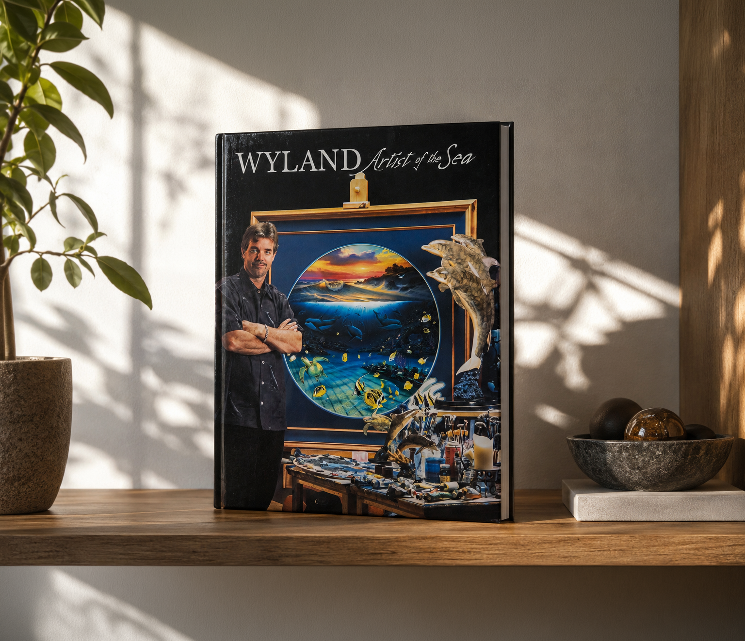 Wyland Artist of the Sea Collector's Edition standing on a sunlit wooden shelf