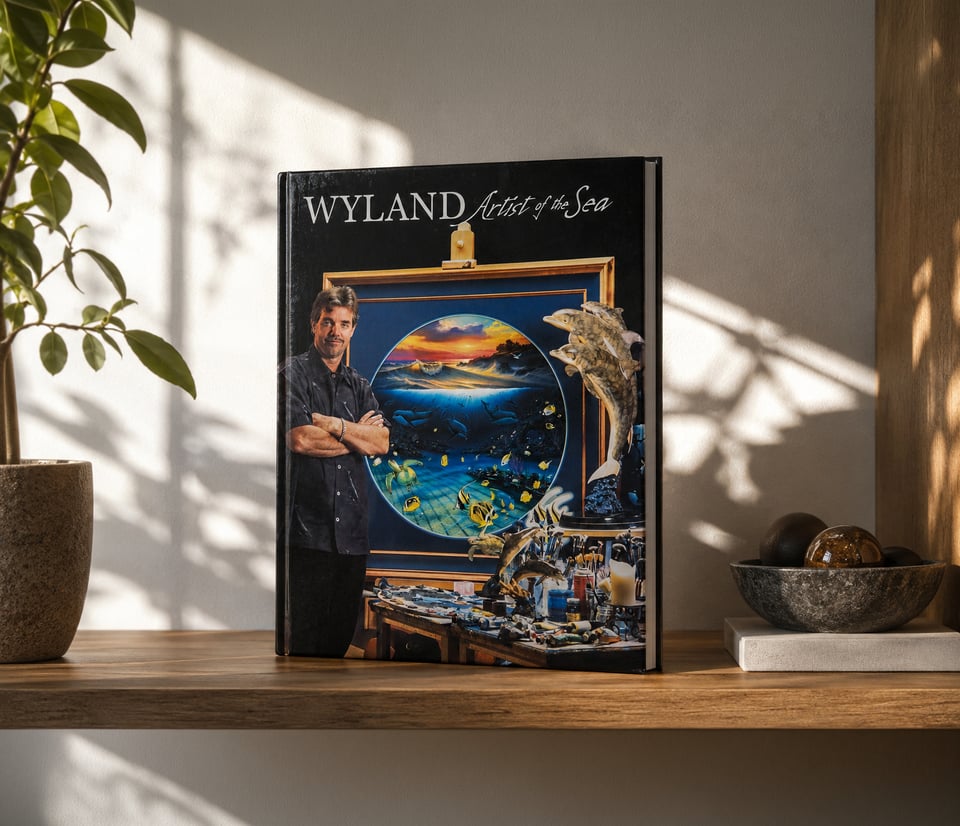 Wyland Artist of the Sea limited edition signed book standing on a wooden surface